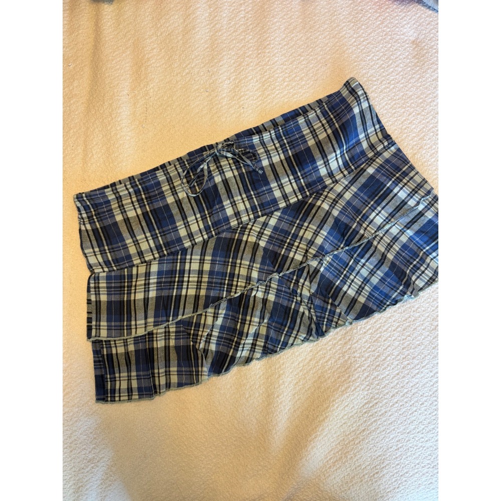 Roxy Blue Plaid Tiered Mini Skirt Y2K Cotton Ruffle Low Rise T475374P Womens L